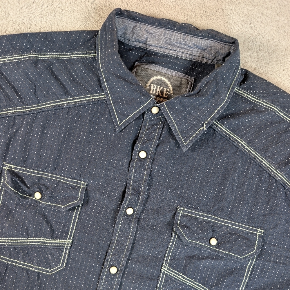 BKE Mens Athletic Fit Long Sleeve Button‎ Down Shirt Navy Blue Dotted Stripe XXL